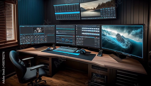 Create a video editing suite with multiple monitors, high-end graphics cards, and comfortable ergonomic chairs." Generative AI