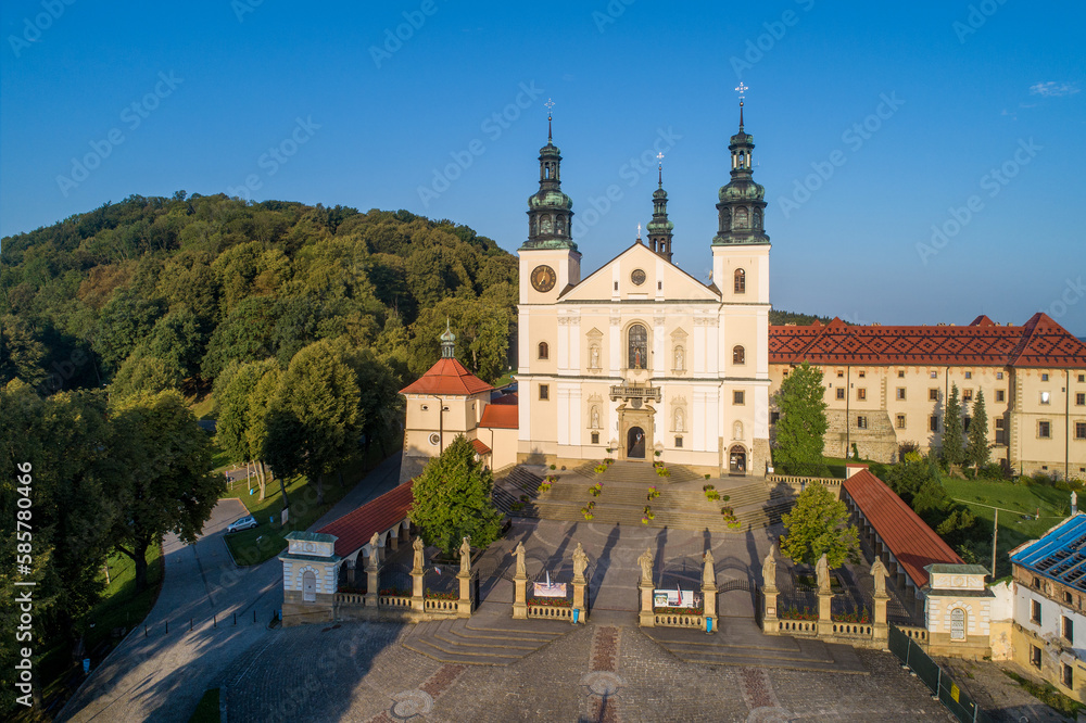 Poland. Kalwaria Zebrzydowska. Catholic church and monastery with great famous Calvary in the surrounded woodland. UNESCO World Heritage Site. Popular pilgrimage destination. Aerial view in summer