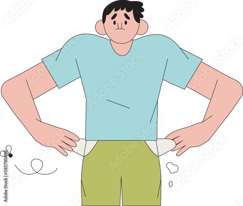 Sad man show empty pockets and lost all his money. Person in need, have problem with budget planning, money managment and savings concept. Character with debt, low salary, unemployed or lost job.