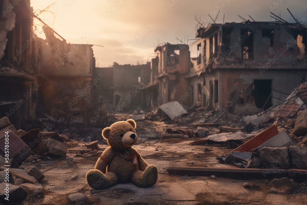 Homeless teddy bear in dirty city slums alone and emotionally sad ...