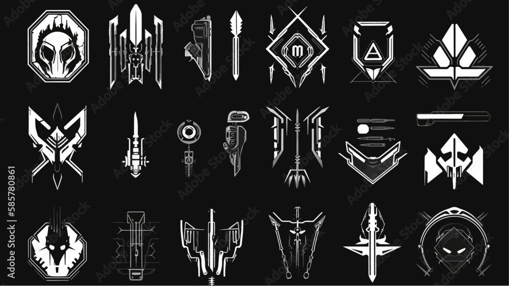 Big vector set of black and white isolated cyberpunk items. Techno ...