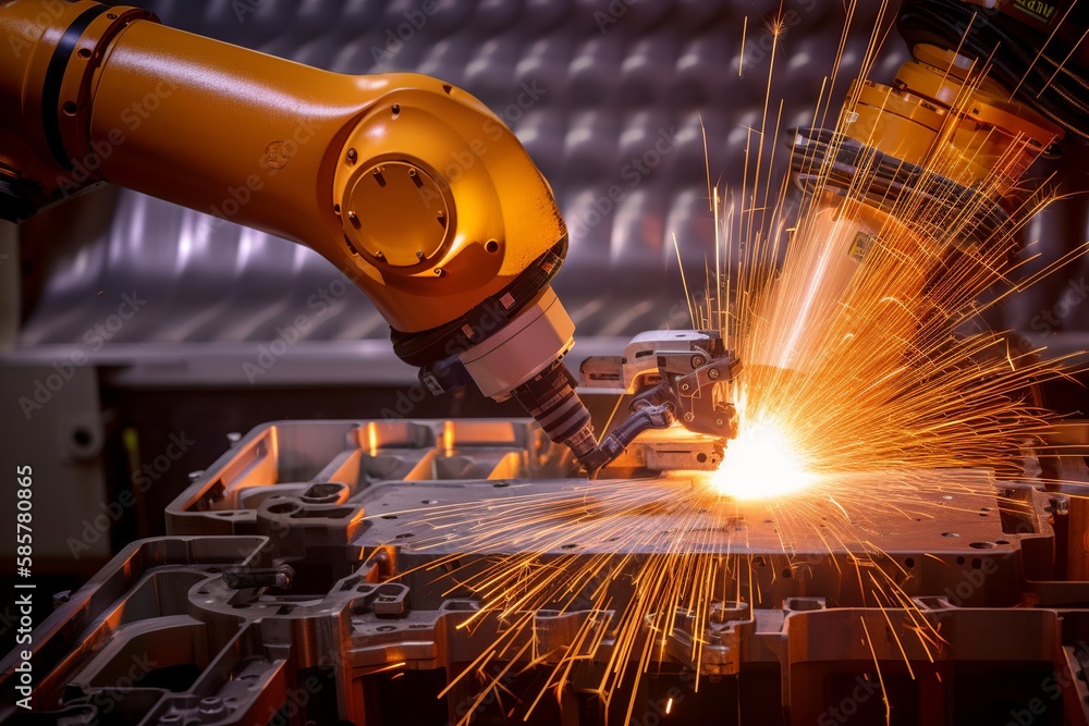 Spot welding robots assemble vehicle parts, creating high-tech cars ...