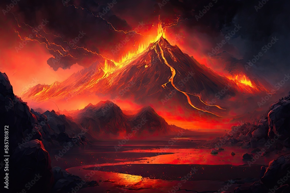 mordor landscape with fiery lava flow and active volcanic vents, created with generative ai - obrazy, fototapety, plakaty 