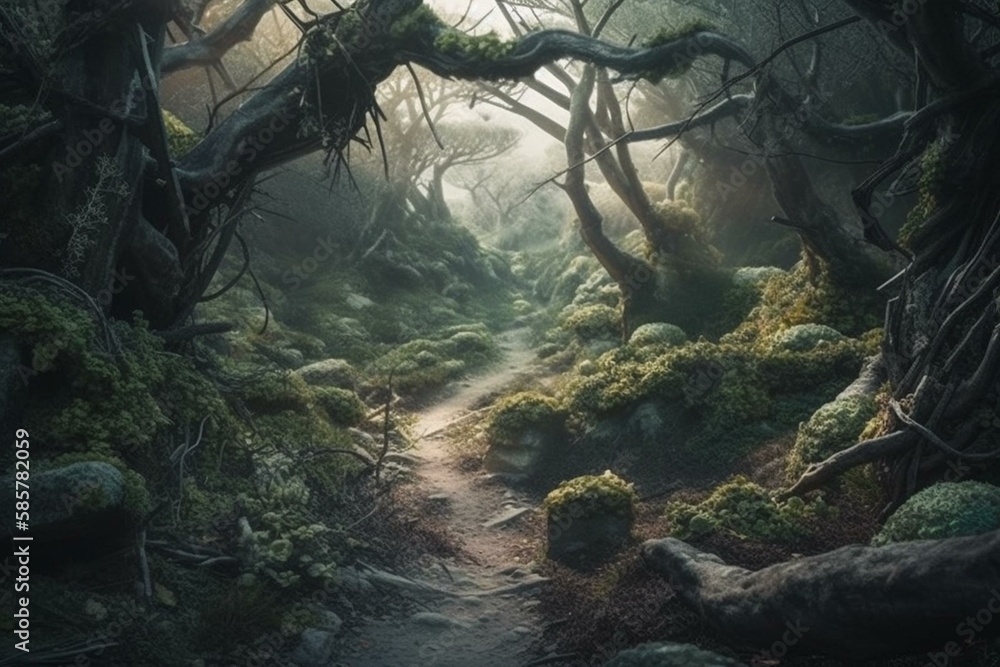 Fantasy forest path with old trees scene AI Generative. Generative AI ...