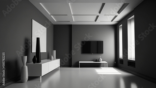 Luxury living lounge. Futuristic modern apartment. Generative AI. Black and white image