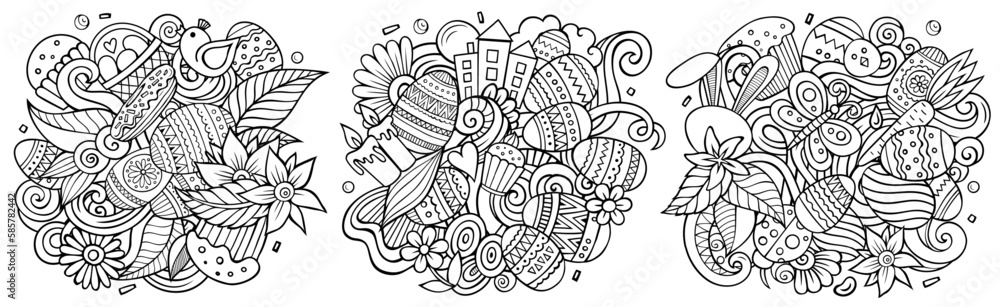 Happy Easter cartoon vector doodle designs set. Happy Easter cartoon vector doodle designs set.