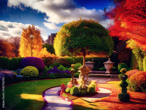 autumn garden with a pathway and a lot of flowers and trees in it and a cloudy sky in the background AI