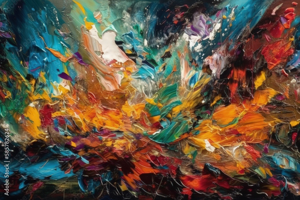 vibrant abstract painting with bold colors against a dark backdrop. Generative AI