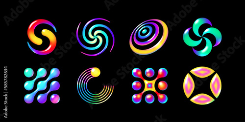 Set of vibrant 3D neon abstract shapes in Y2K style. Futuristic design vector elements in bold, eye-catching colors. Perfect for modern graphic design projects and social media graphics