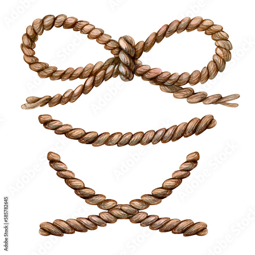 Hand-drawn watercolor illustration of brown wicker elements: rope bow. The elements are isolated on a white background.
