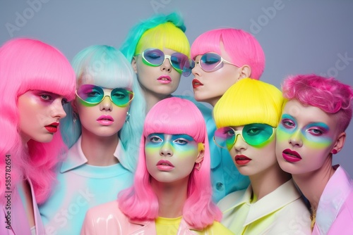 Young beautiful girls at a crazy cyber neon party in electro costumes. Vivid colors, colorful hairstyles. Party with loud music in a night club. Generative AI.