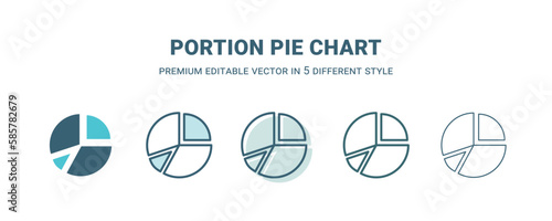 portion pie chart icon in 5 different style. Outline, filled, two color, thin portion pie chart icon isolated on white background. Editable vector can be used web and mobile
