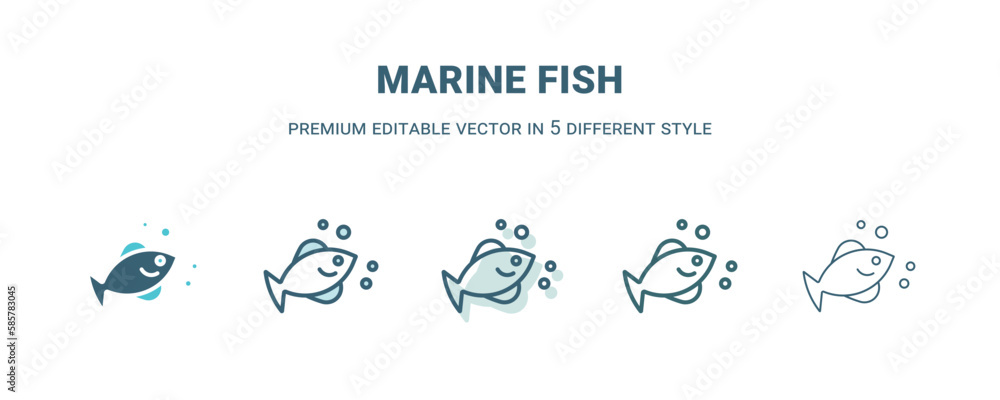 marine fish icon in 5 different style. Outline, filled, two color, thin marine fish icon isolated on white background. Editable vector can be used web and mobile
