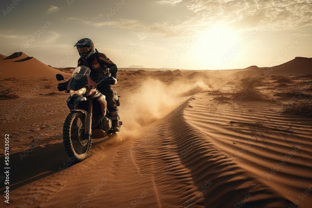 Off-road cyclist riding through the desert. Sports motorcycle drives through the desert. Extreme sports, outdoor activities and hobbies (Generative AI)