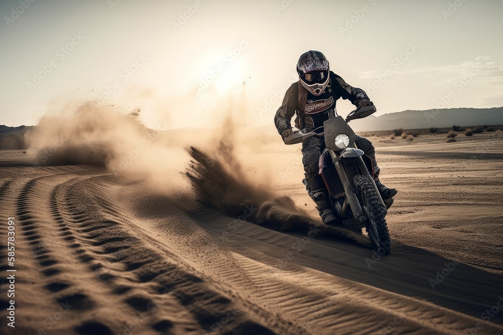 Off-road cyclist riding through the desert. Sports motorcycle drives through the desert. Extreme sports, outdoor activities and hobbies (Generative AI)