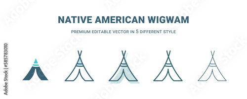 native american wigwam icon in 5 different style. Outline, filled, two color, thin native american wigwam icon isolated on white background. Editable vector can be used web and mobile