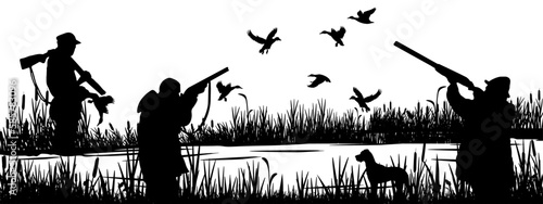 Wildlife Duck animals hunting hunt panorama vector illustration - Black silhouette of hunter with rifle gun and dog at the lake or river shoots at flying mallard ducks, isolated on white background..