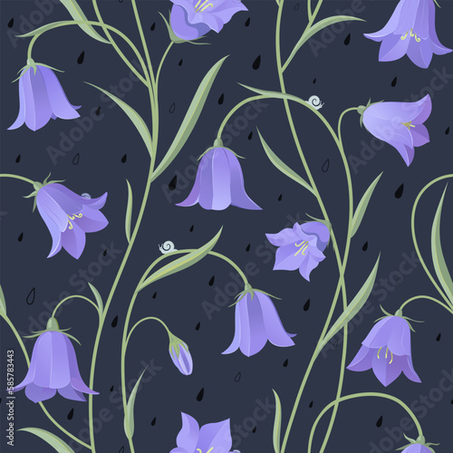 Delicate floral seamless pattern with bellflower plants, snails and raindrops on dark background