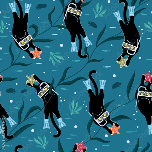 Cartoon black cat is diving at depth among the seaweeds and fishes, holding a starfish in his paws. Vector seamless underwater pattern 