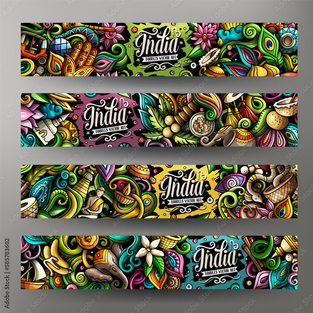 India doodle banners set. Cartoon detailed flyers.