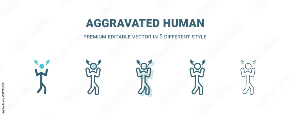 aggravated human icon in 5 different style. Outline, filled, two color, thin aggravated human icon isolated on white background. Editable vector can be used web and mobile