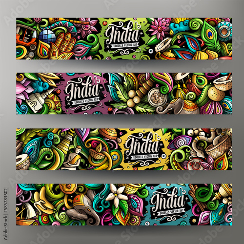 India doodle banners set. Cartoon detailed flyers.