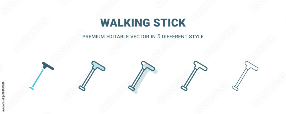 walking stick icon in 5 different style. Outline, filled, two color, thin walking stick icon isolated on white background. Editable vector can be used web and mobile