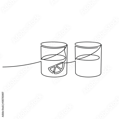 Two glasses of water with lemon piece slice vector. One line continuous drawing illustration. Hand drawn linear silhouette icon. Minimal design element for print, banner, card, poster, menu.
