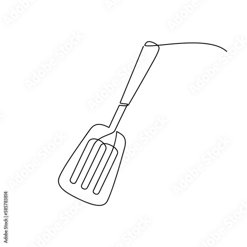 Spatula kitchen utensils vector one line continuous drawing illustration. Hand drawn linear silhouette. Cooking icon. Minimal outline design element, print, banner, card, brochure, poster, menu, logo.