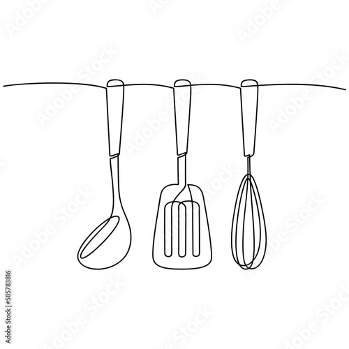 Hanging kitchen utensils vector. Ladle, spatula, whisk one line continuous drawing illustration. Hand drawn linear cooking icon. Minimal outline design, print, card, brochure, poster, menu, logo.