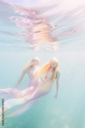 Underwater abstract gentle mermaids in pastel costumes swim and have fun under the water surface. Generative AI.