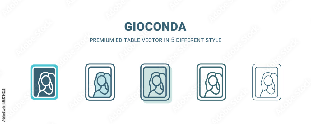 gioconda icon in 5 different style. Outline, filled, two color, thin gioconda icon isolated on white background. Editable vector can be used web and mobile