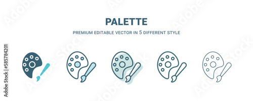 palette icon in 5 different style. Outline, filled, two color, thin palette icon isolated on white background. Editable vector can be used web and mobile