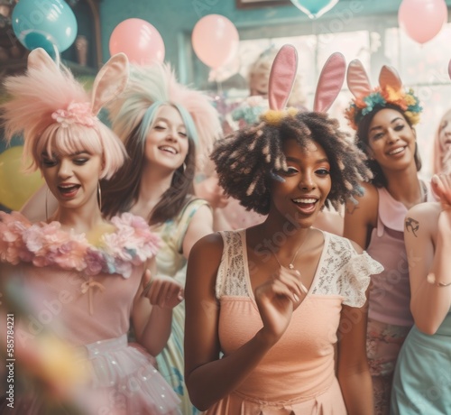 Young beautiful cheerful girls enjoy a crazy Easter party in hipster trendy costumes with bunny ears. Teenagers during the holidays. Generative AI.