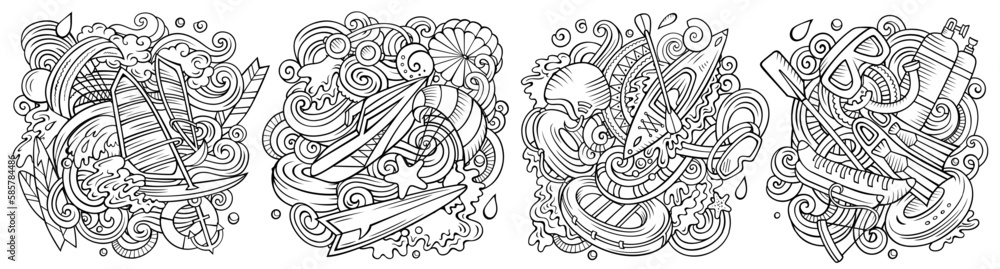 Obraz premium Water sport cartoon vector doodle designs set.