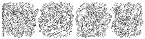 Water sport cartoon vector doodle designs set.