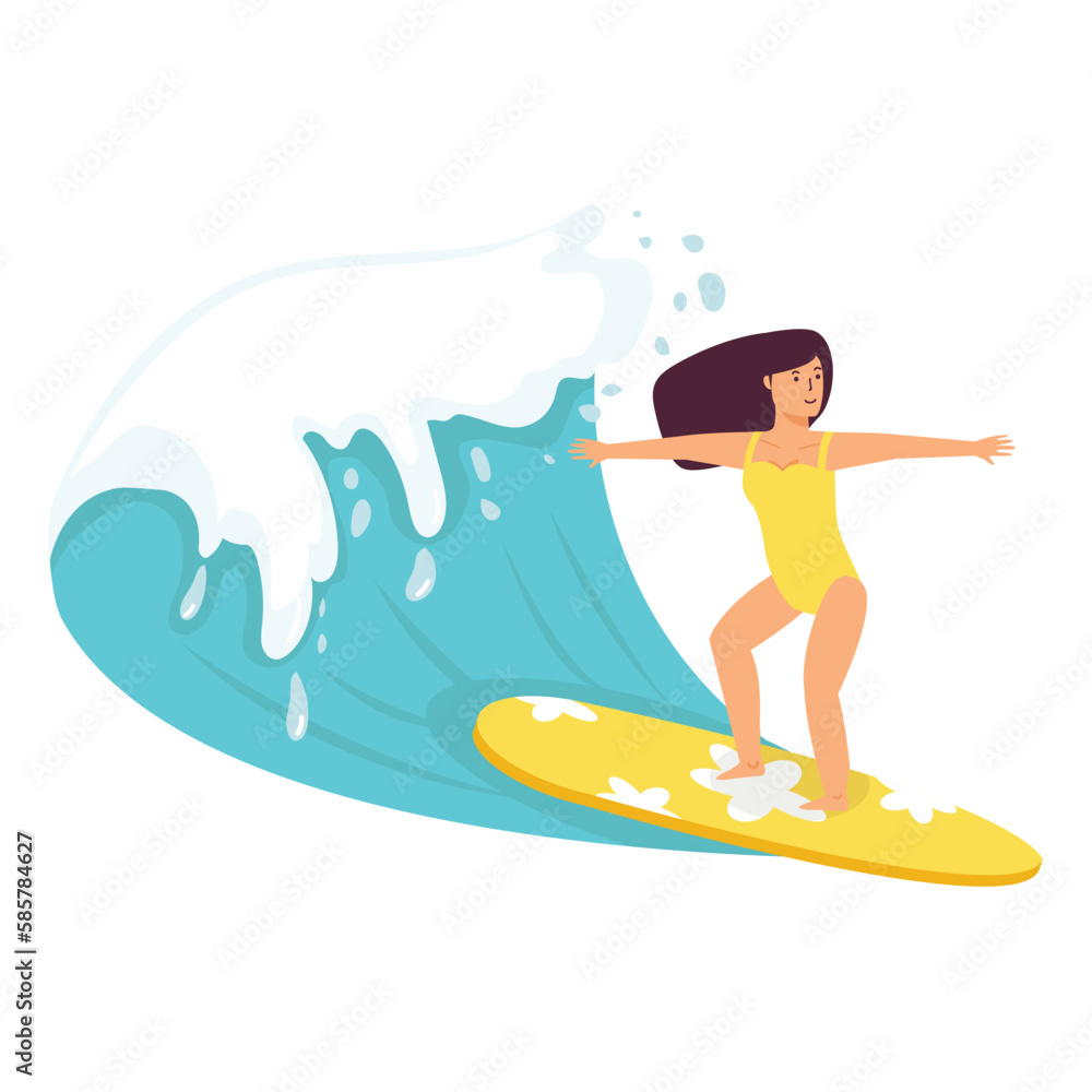 Cute girl surfing big wave cartoon