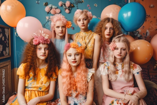 Young beautiful cheerful girls enjoy a crazy Summer house party in hipster trendy costumes. Teenagers who are having fun and dance with loud music. Generative AI.
