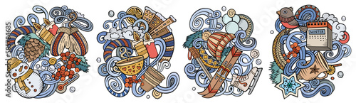 Winter cartoon vector doodle designs set.