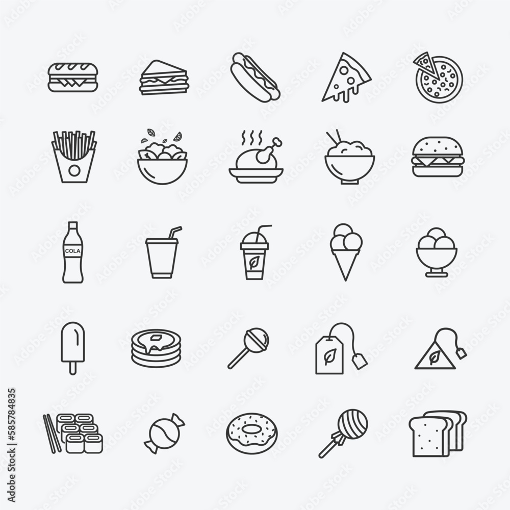 Set of food icon vector illustration. Food and cooking. Minimalism vector symbols, line icons set for logo, mobile app and website design. Vector illustration, EPS10.
