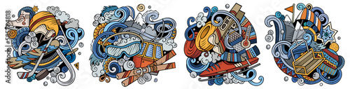 Winter sports cartoon vector doodle designs set.