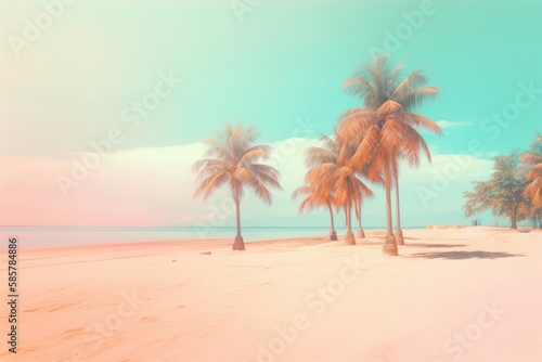 Beautiful gentle romantic summer landscape  sea coast under a clear sky. Palm trees on hot sand  pastel colors. Vacation and tropical paradise. Generative AI.