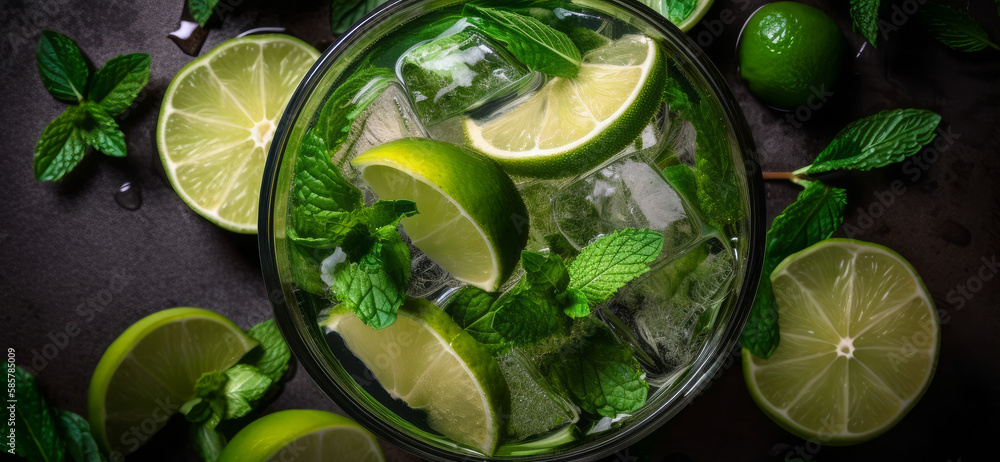 Minty Freshness in a Glass - A refreshing and revitalizing top view of a mojito cocktail with mint leaves, lime wedges, and ice cubes, perfect for summer vibes and relaxation. Generative AI Minty Freshness in a Glass - A refreshing and revitalizing top view of a mojito cocktail with mint leaves, lime wedges, and ice cubes, perfect for summer vibes and relaxation. Generative AI