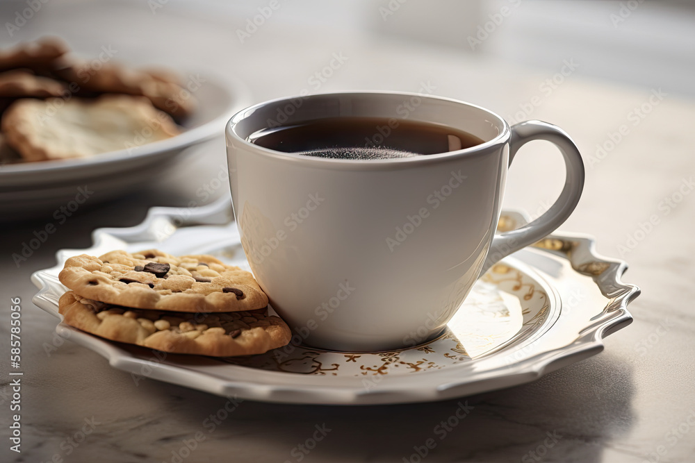Tasse de thé avec soucoupe accompagné d'un biscuit sablé à la cassonade brune et cannelle et aux pépites de chocolat Tasse de thé avec soucoupe accompagné d'un biscuit sablé à la cassonade brune et cannelle et aux pépites de chocolat
