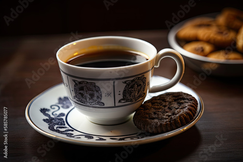 Tasse de th   avec soucoupe accompagn   d un biscuit sabl      la cassonade brune et cannelle et aux p  pites de chocolat