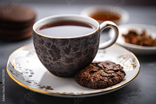 Tasse de th   avec soucoupe accompagn   d un biscuit sabl      la cassonade brune et cannelle et aux p  pites de chocolat