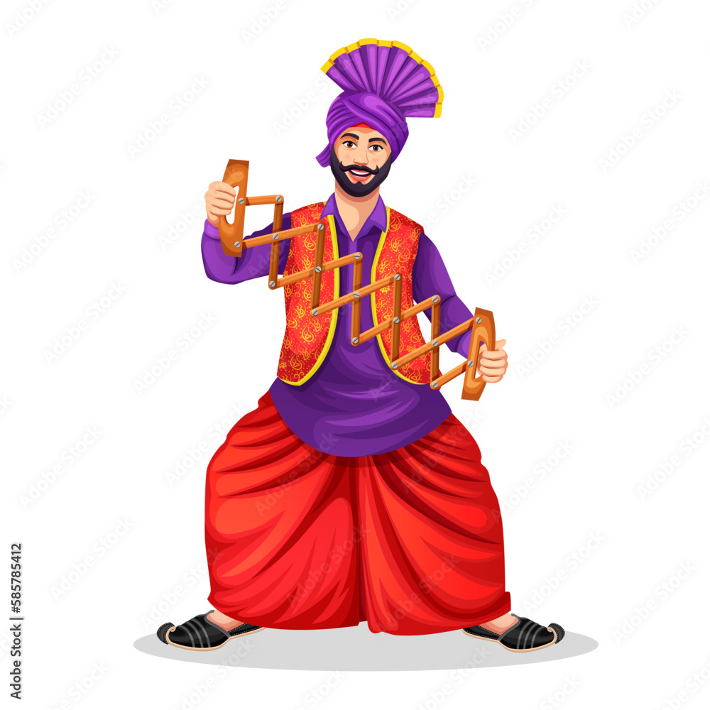 A Bhangra dancer performing with the Bhangra Scissor Saap. Wearing ethnic Punjabi cloth. Sikh Punjabi man dancing folk dance bhangra on occasion like Lohri or Baisakhi.