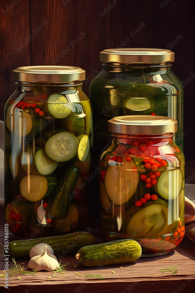 Cucumbers prepared for pickling with peppers, garlic and tomatoes. AI generativ. Cucumbers prepared for pickling with peppers, garlic and tomatoes. AI generativ.