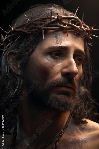 Jesus christ wearing a crown of thorns. AI generative.