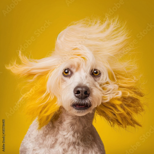 Stylish dog with a toupee on a yellow background. Generative AI.